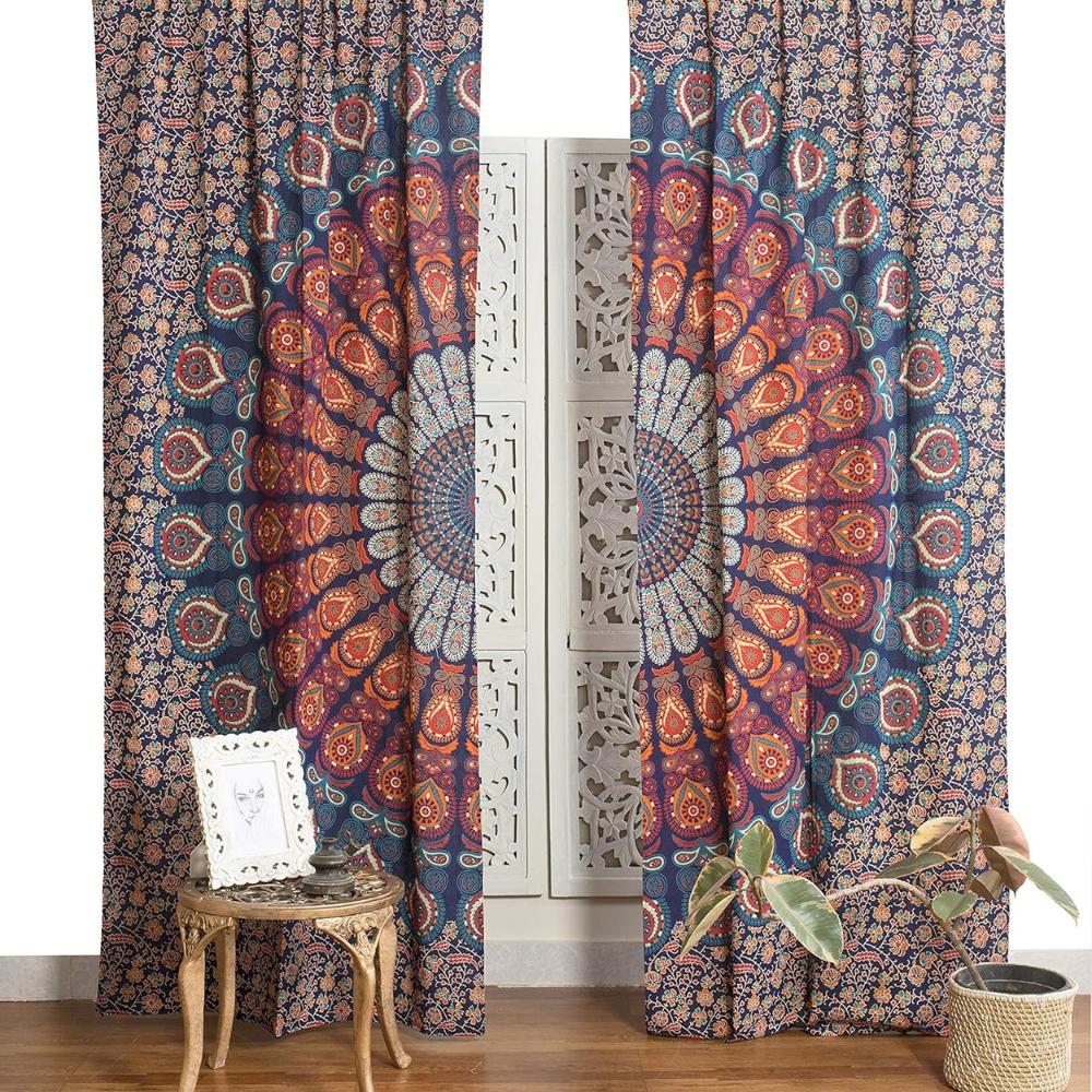 

Bless International Beautiful Indian Bohemian Psychedelic Hippie Peacock Mandala Window Curtain Panels for Bedroom, Living, Balcony (Golden Blue) 25 W x 74 L (Pack of 2)