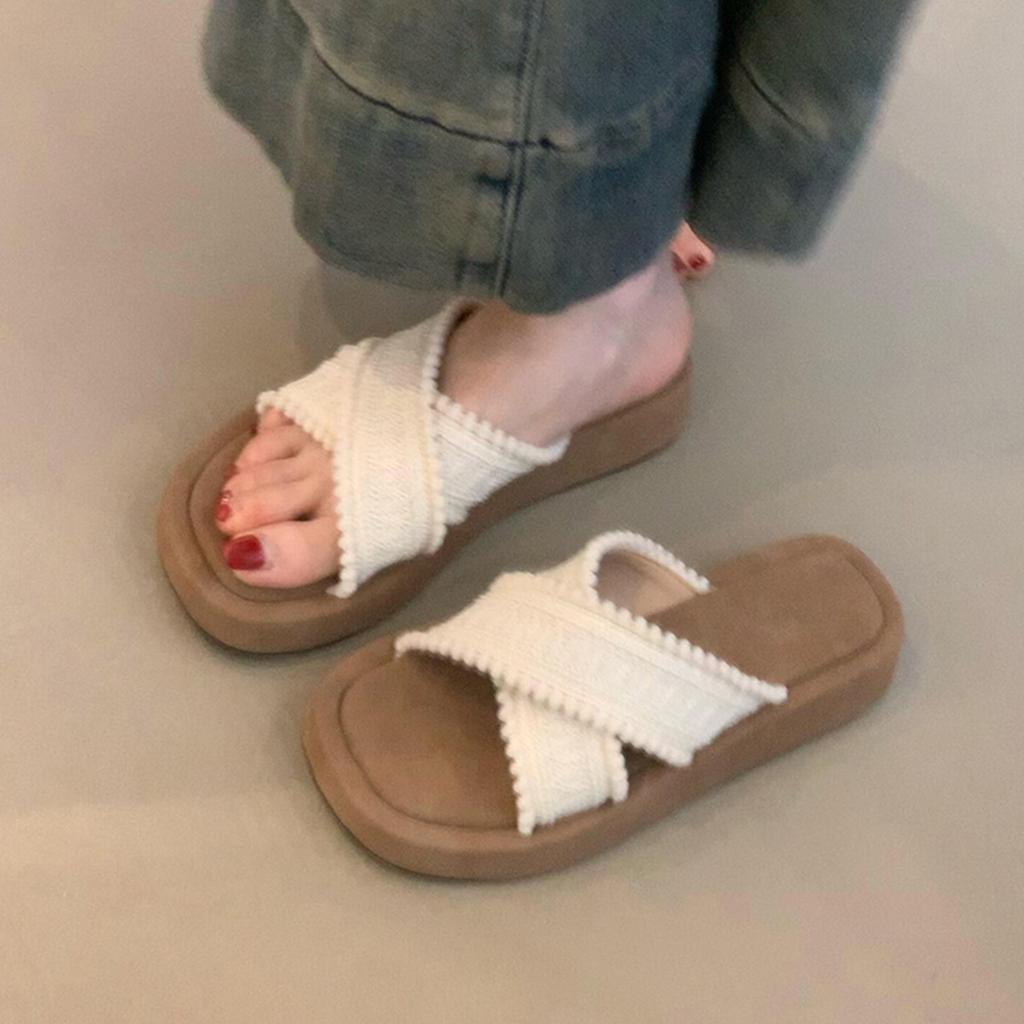 Keep Version~ Retro Vacation Style Woven Cross-strap Thick-bottomed Cool Slippers Women's Gentle Outer Bohemian Slippers