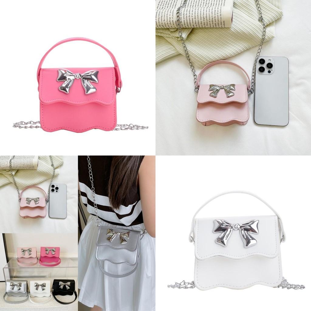 Cute Solid Color Silver Bow Decoration Kid Mini Shoulder Chain Bag For Summer Casual Wear