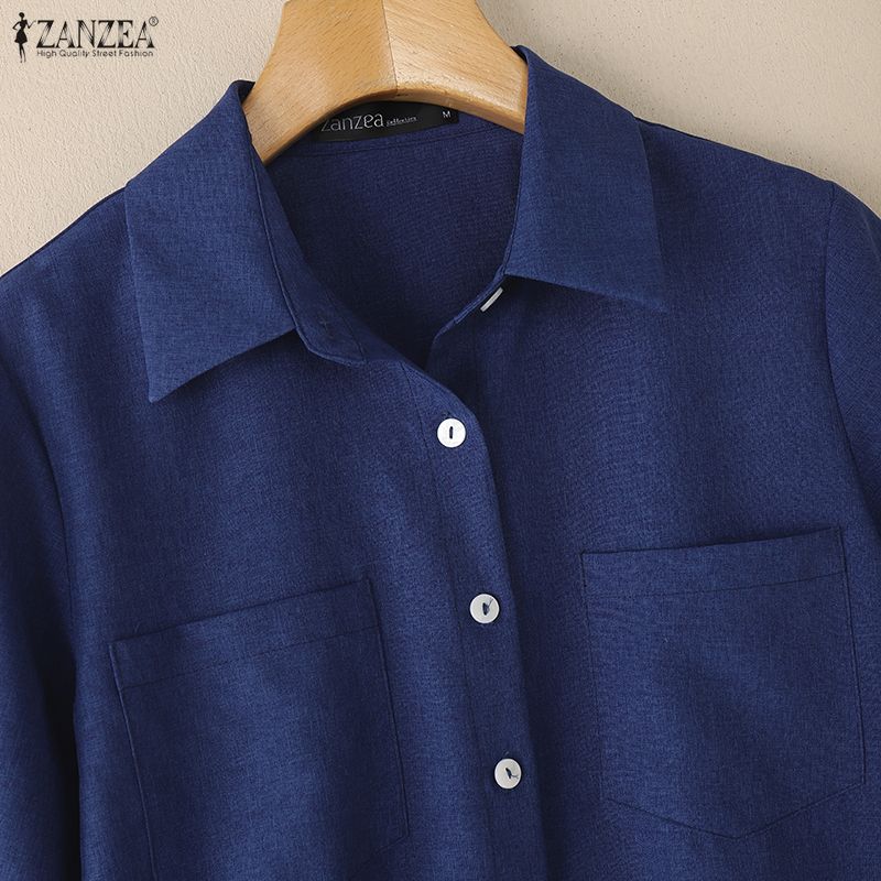 ZANZEA Women Casual Turn Down Collar Loose Summer Short Sleeve Blouse