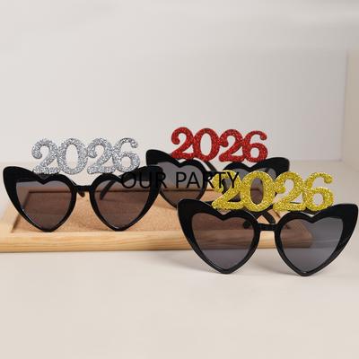 1Pcs Glitter Gold/silvery 2026 Heart Sunglasses Eyeglasses Photo Props for 2026 Happy New Year Christmas Theme Party Decorations