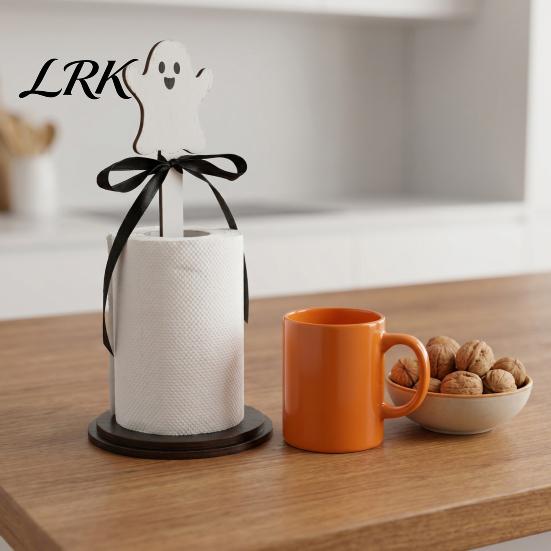 Solid Wood Standing Rack Halloween Paper Towel Roll Holder, Ghost/Pumpkin/Witch's Hat/Bat Decor, Fall Seasonal Kitchen Storage Durable Reel
