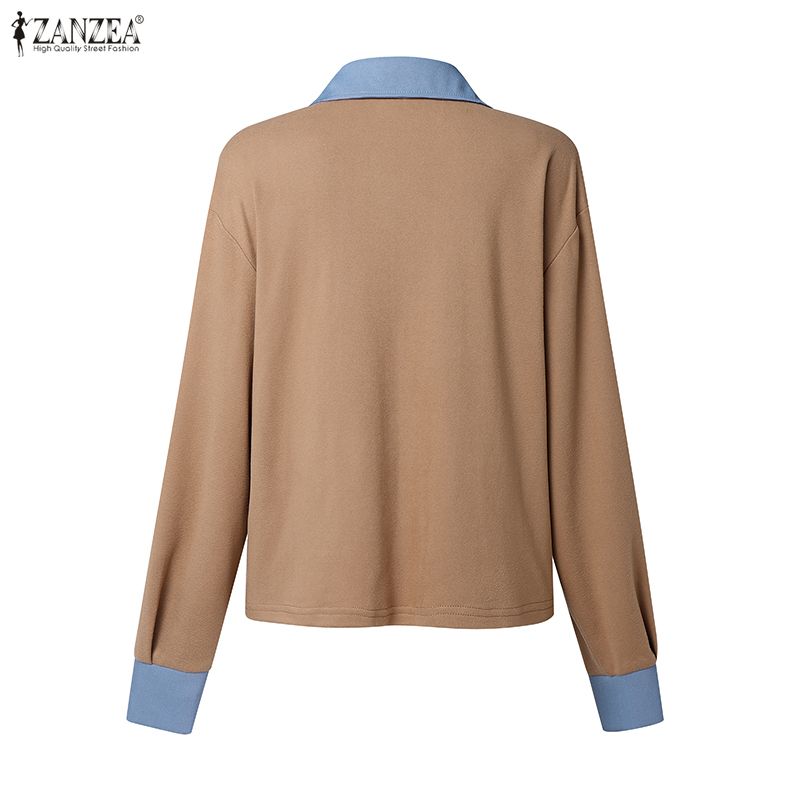 ZANZEA Women Casual Splice Turn Down Collar Long Sleeve Blouse