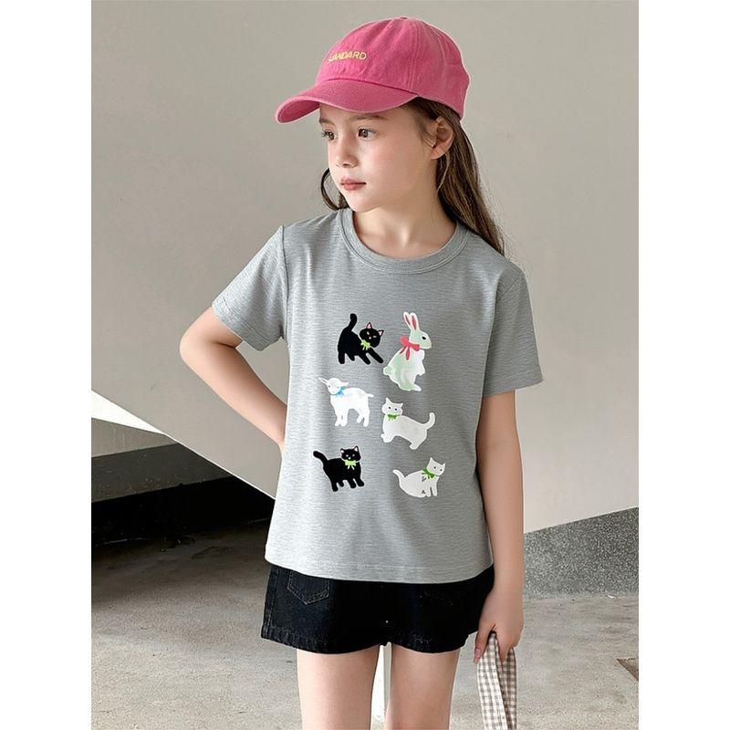 27Home Brand Kidsren's Clothing 2026 Summer New Product Kidsren's Short-Sleeved T-Shirt Cartoon Kitten Print Baby Girl Pure Cotton