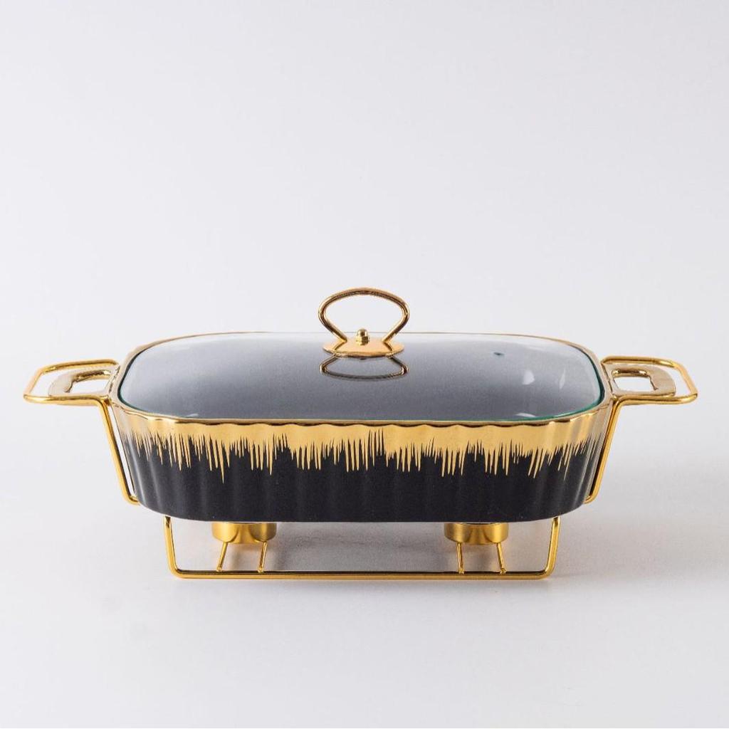 Rectangular Golden Ceramic Baking Casserole Pot with Stand