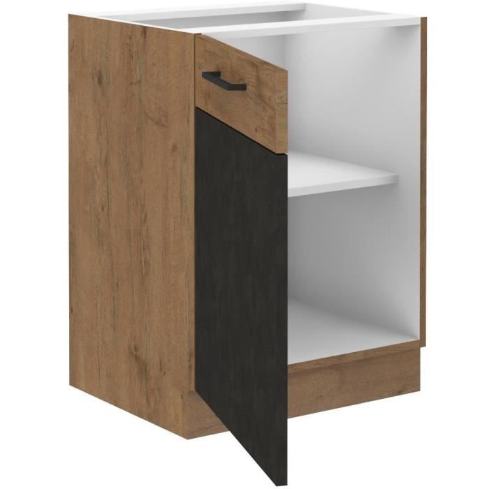 Meuble bas ROCK - Mélaminé décor chene lancelot et gris matera - 1 porte - L60 x H82 cm