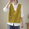 Women's Retro Artistic V-Neck Knitted Vest Coat for Autumn Hollow-Out H-Shape Slim-Fitting Gilet