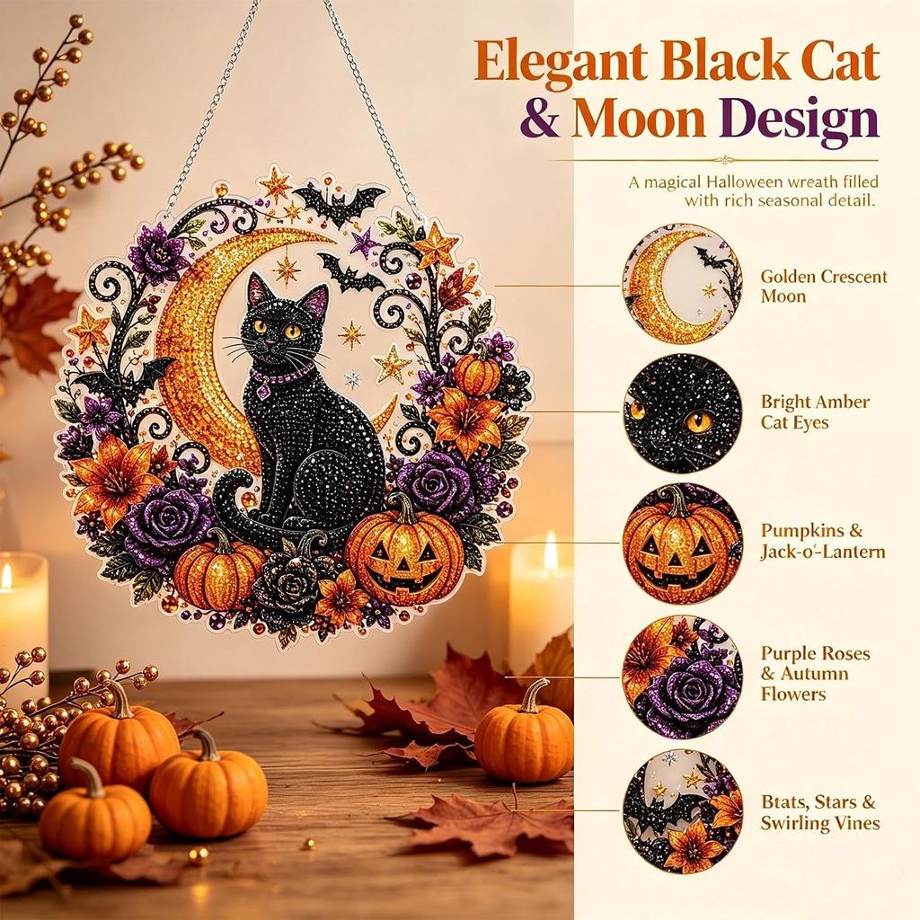 Halloween Black Cat Moon 5D Diamond Art Hanging Ornament Kit Double Sided