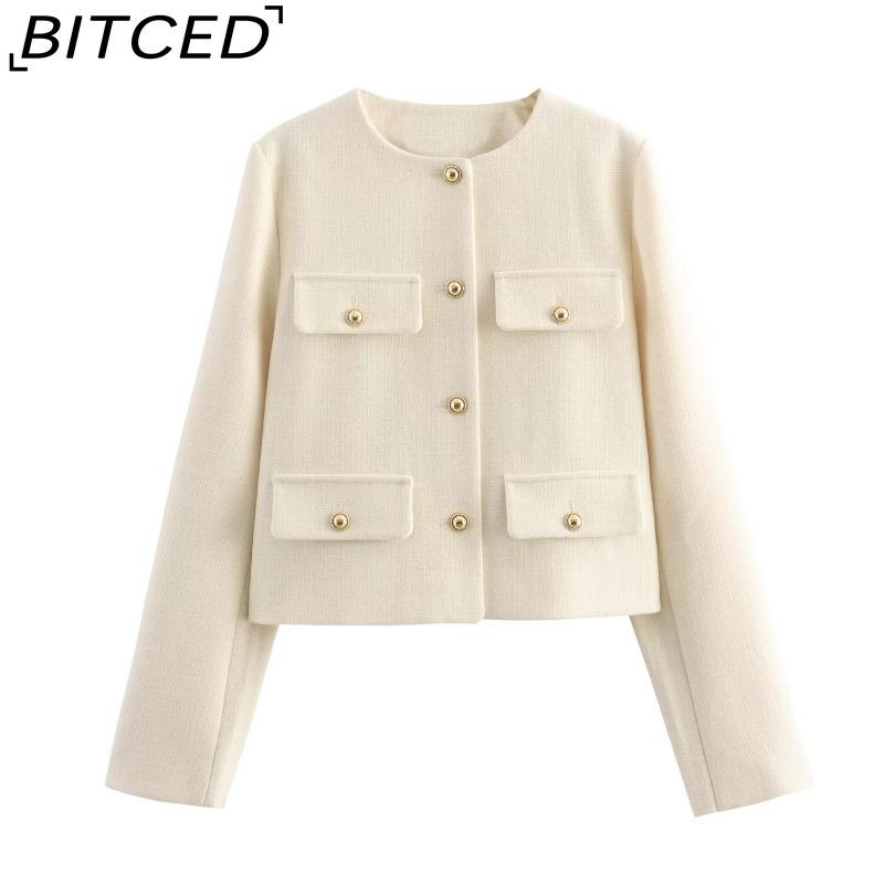 

BITCED Spring/Fall Women s Slim-Fit O-Neck Multi-Pocket Short Jacket L бежевый