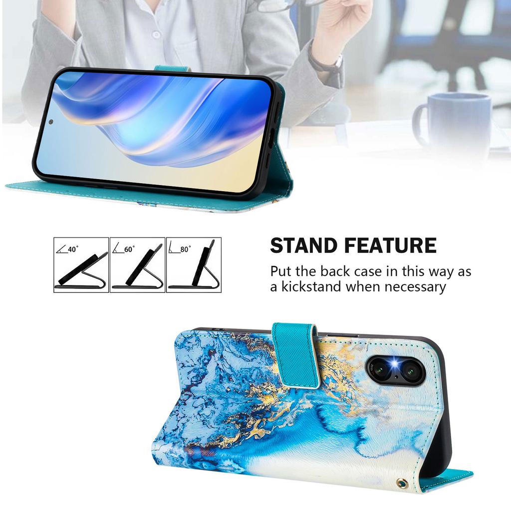Ozeanfarbener Marmor Luxus Bemaltes Lederetui Brieftasche Buchstil Hülle für Sony Xperia 5 IV / 10 IV ,Xperia 1 V / 5 V / 10 V,Xperia 1 VI,5 VI,10 VI.