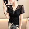 New 2026 Summer V-Neck Short Sleeved Women's T-Shirt Fashion Sexy Hot Diamonds Mesh Tees Streetwear Girl Slim Tops Blouse
