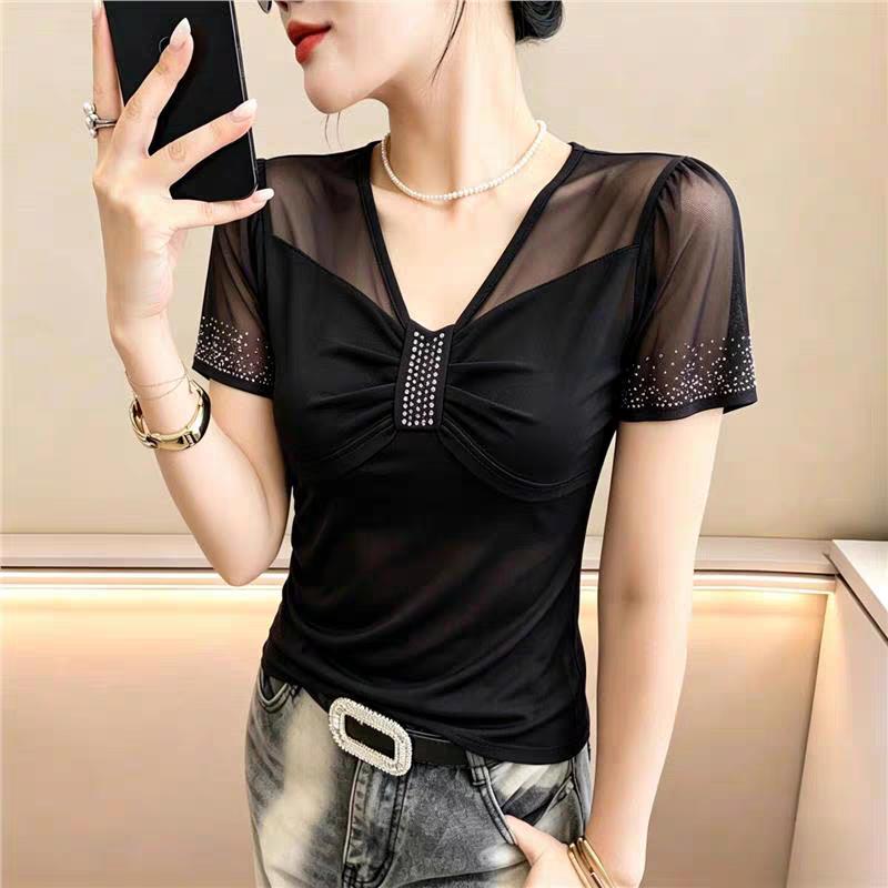 New 2026 Summer V-Neck Short Sleeved Women's T-Shirt Fashion Sexy Hot Diamonds Mesh Tees Streetwear Girl Slim Tops Blouse