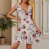 Women's Summer Dress V Neck Sleeveless Casual Floral Print Hem Pleated Dress