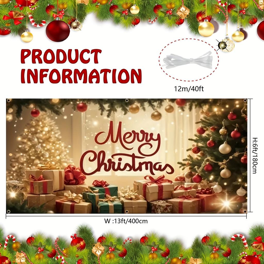 1pc oversized Christmas garage door cover Christmas background with Christmas tree gifts and lights