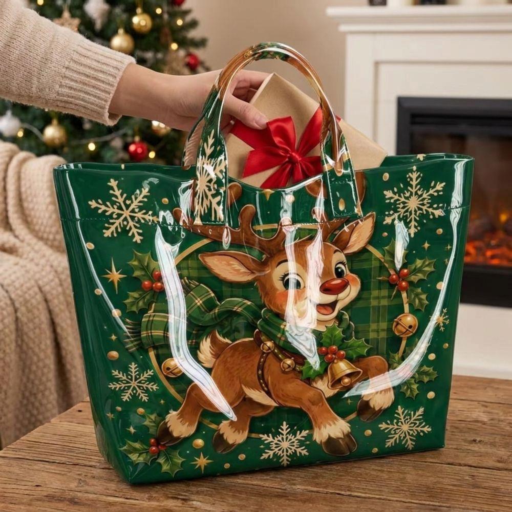 Large Capacity Christmas Print PVC Tote Bag Waterproof Christmas Hand Tote Commute Tote Bag Work