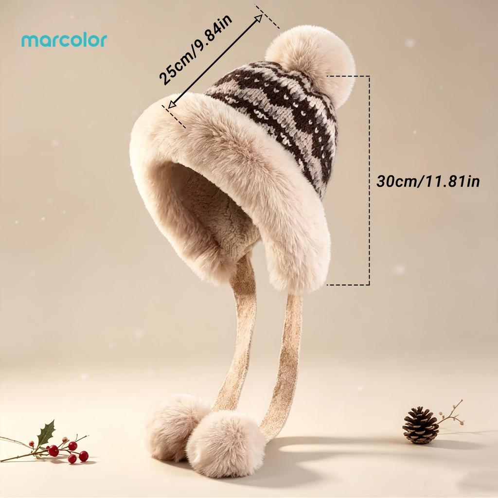 Women Winter Trapper Hat, Faux Earflap Hat with Pom Pom, Warm Fleece Lined Cold Weather Ski Hat for Outdoor Travel