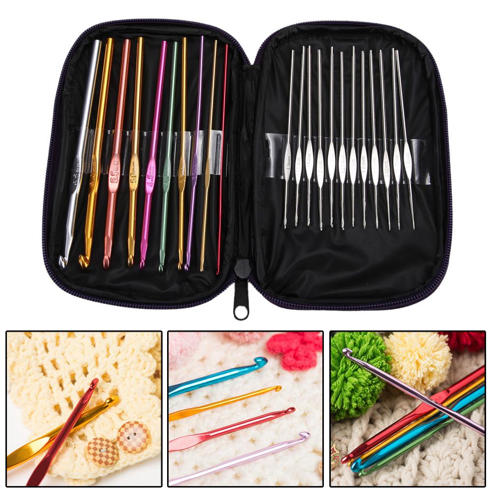 22pcs Stitching Crochet Multi-colour Metal Hooks Needles Soft Handle DIY Craft Handmade with Black Packet Knitting Tool