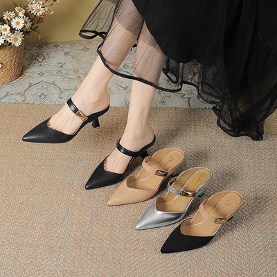 Mules françaises à bout pointu pour femmes, talon fin, été 2025, nouveau tempérament élégant, port extérieur, sandales à talons hauts polyvalentes