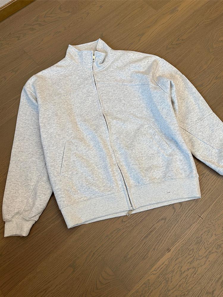 Herren Winter Hellgrau Schwerer Strick-Kapuzenpullover - Mit Samtfutter, Uni-Farbe, Amerikanischer Stil Stehkragenjacke