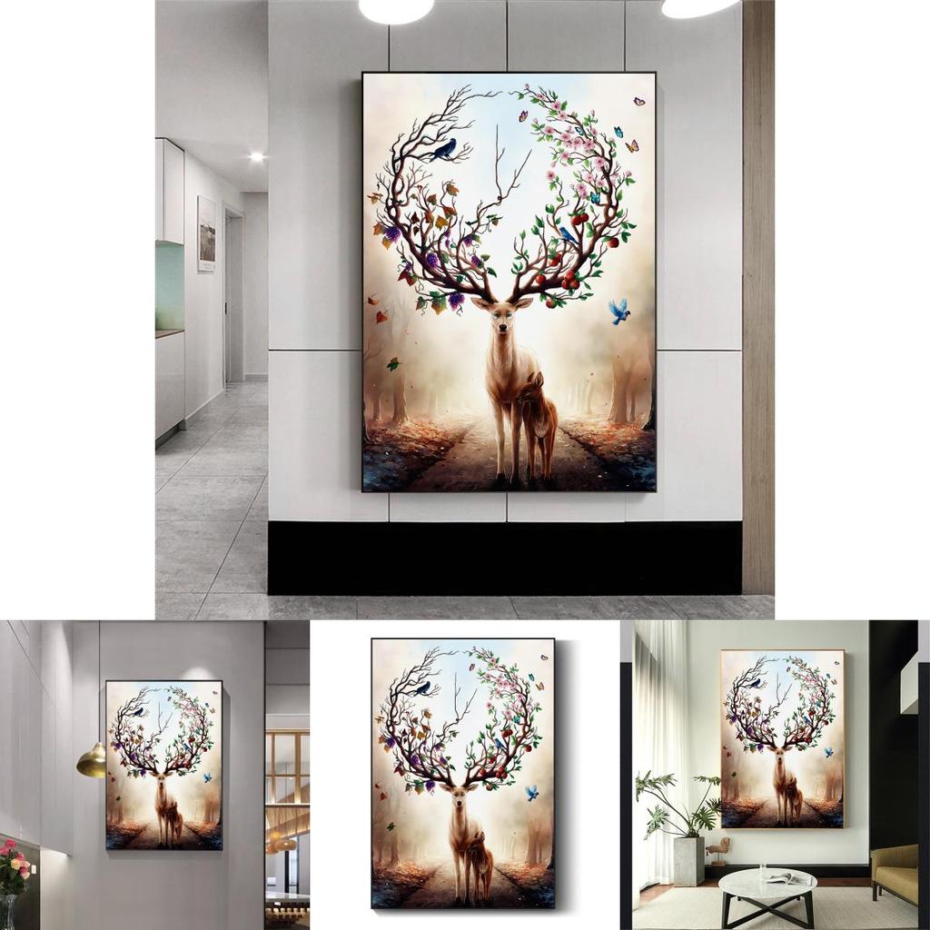 Modern Nordic Style Canvas Art With Deer And Tree Illustration For Living Room Decor