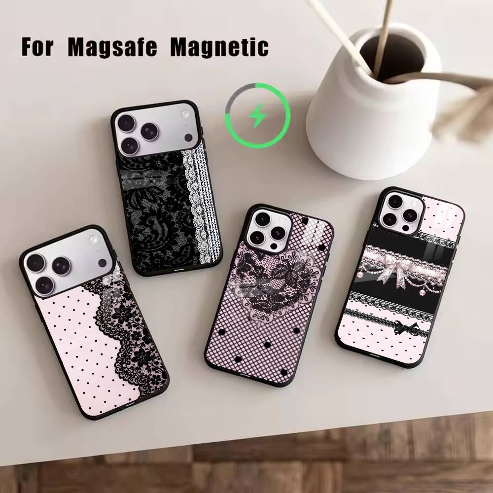Elegant black lace print design Phone Case For iPhone17,16,15,14,13,12,11 Plus,Pro Magnetic For Magsafe Wireless Charging