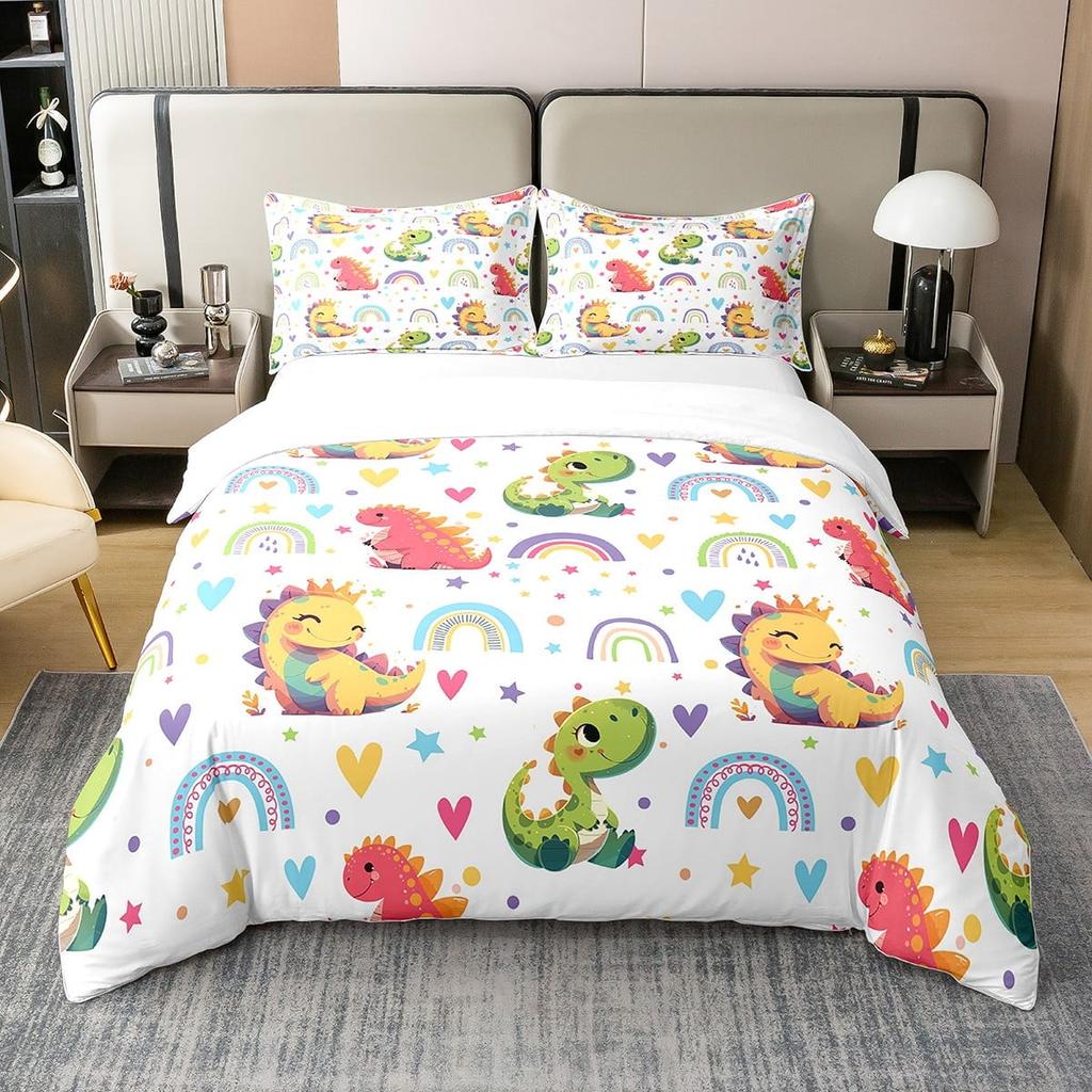 Colourful Dinosaur Duvet Cover For Kids Boys Girls Cartoon Dino Comforter Cover Floral Grass Mountain Bedding Set Wild Animal