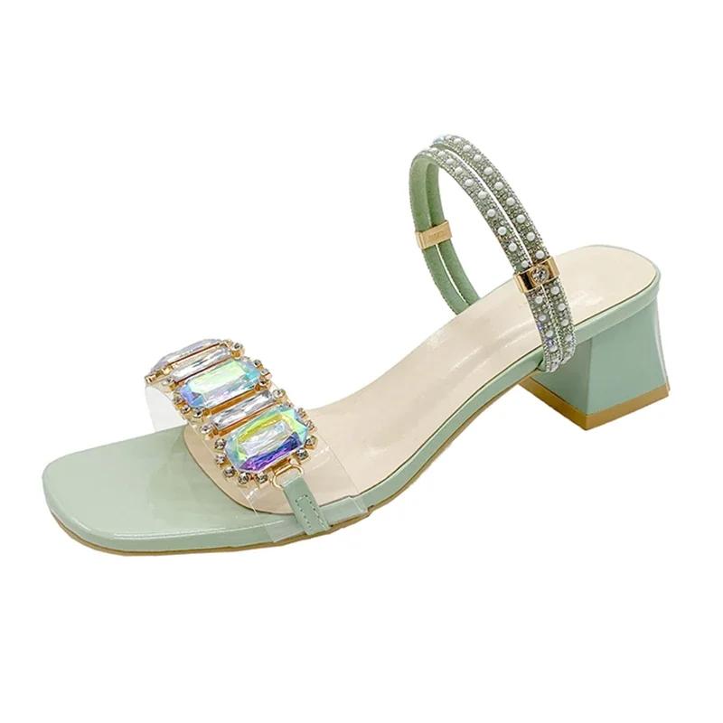 Fashion Fashion Rhinestone Decor Sandals for Women Summer 2025 Square Toe Thick Heel Slippers Woman Korean Transparent Pvc Jelly Slides