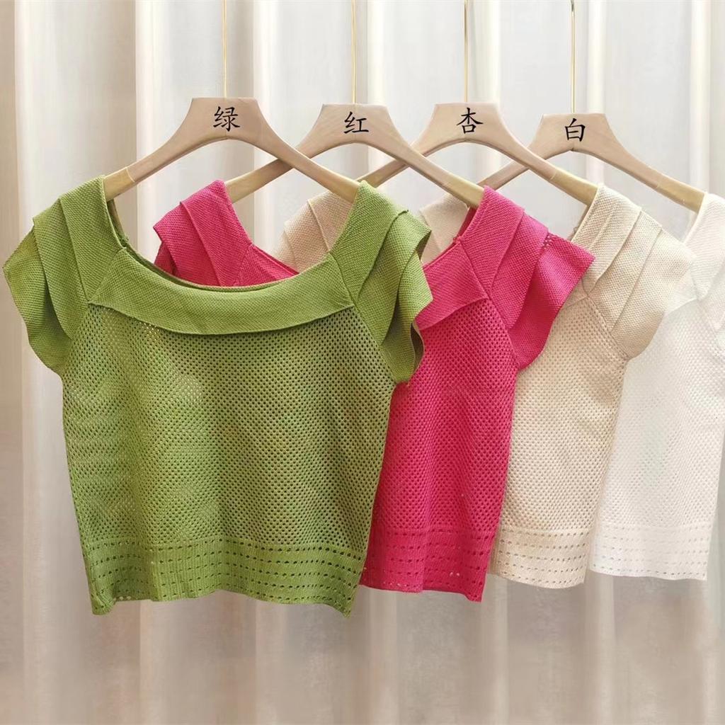 Xiaofei Sleeve Round Neck Hollow U-neck Versatile Female Summer Thin Knit Shirt Design Sense Niche Short Tops Casual Essential Slim Fit Pullovers Tees