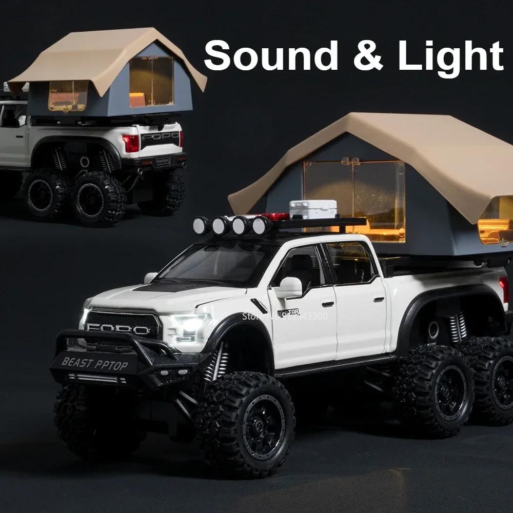1:24 Scale Raptor F150 Car Model Toy Metal Diecast Doors Opened Camping RV Light Sound Miniature Vehicle Kids Birthday Gift