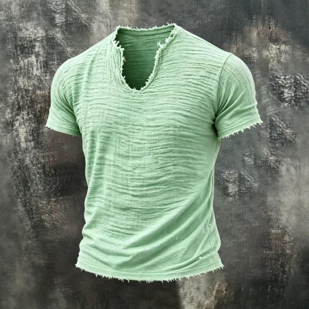 2026 Solid-color Men's Retro Cotton-Linen Mustache Edge Special V-Neck Short-Sleeve T-Shirt