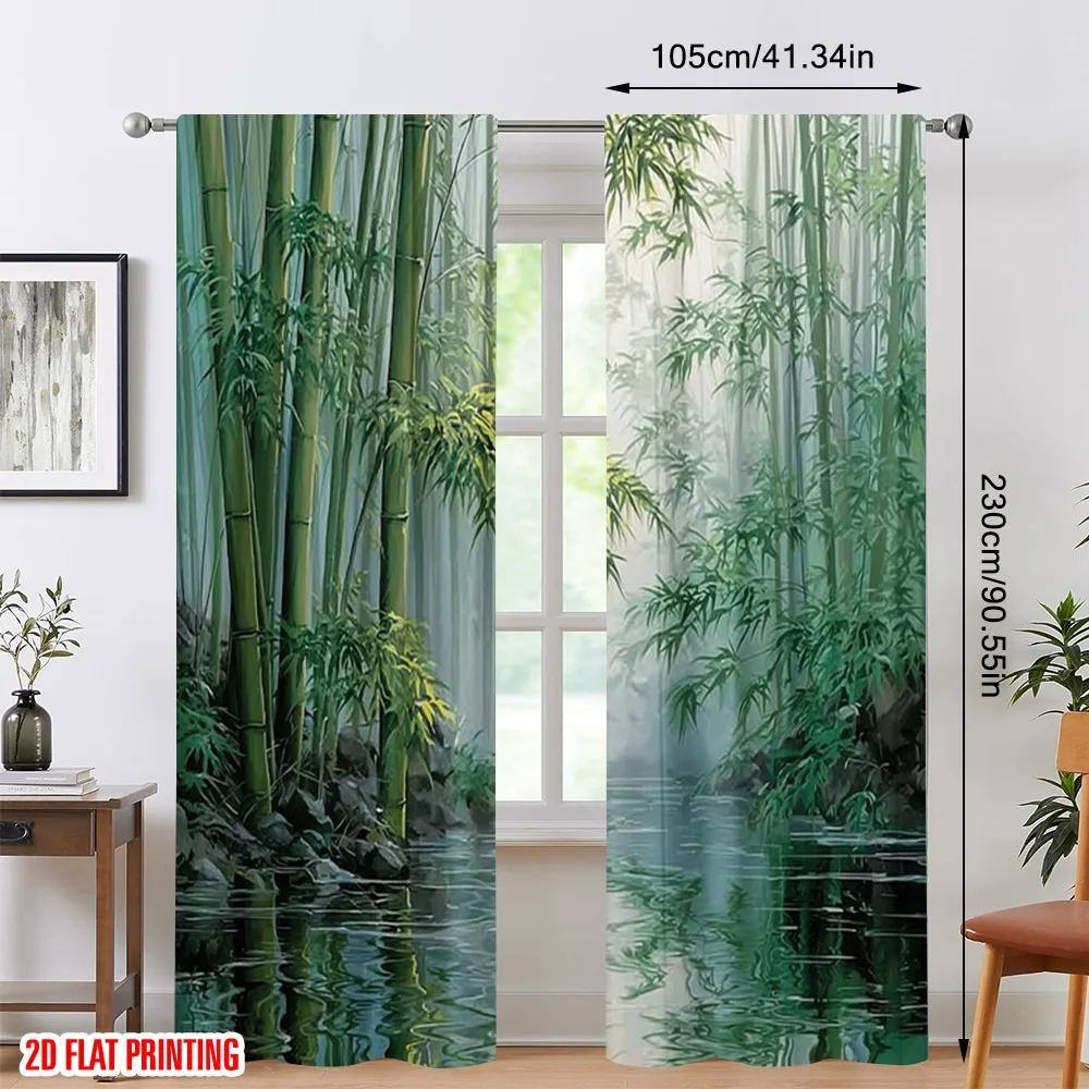 2pcs Bamboo Forest Water Printed Curtains, Designed for Light Filtering, Quality Material, Ideal for Zen-Style Home Window Decor