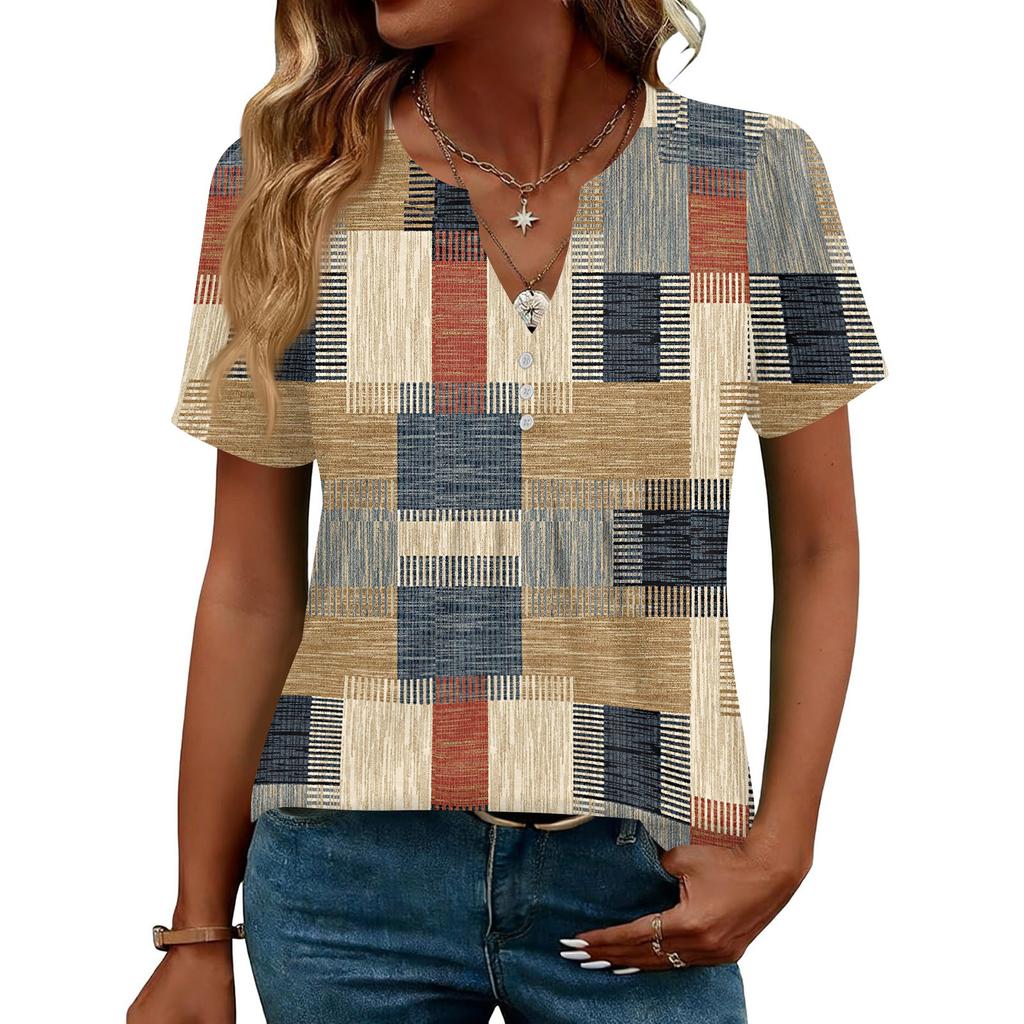 Damen Oberteile Festlich Lässig V-Ausschnitt Kurzarm Hemden Plissierte Blusen Knopfleiste Tunika