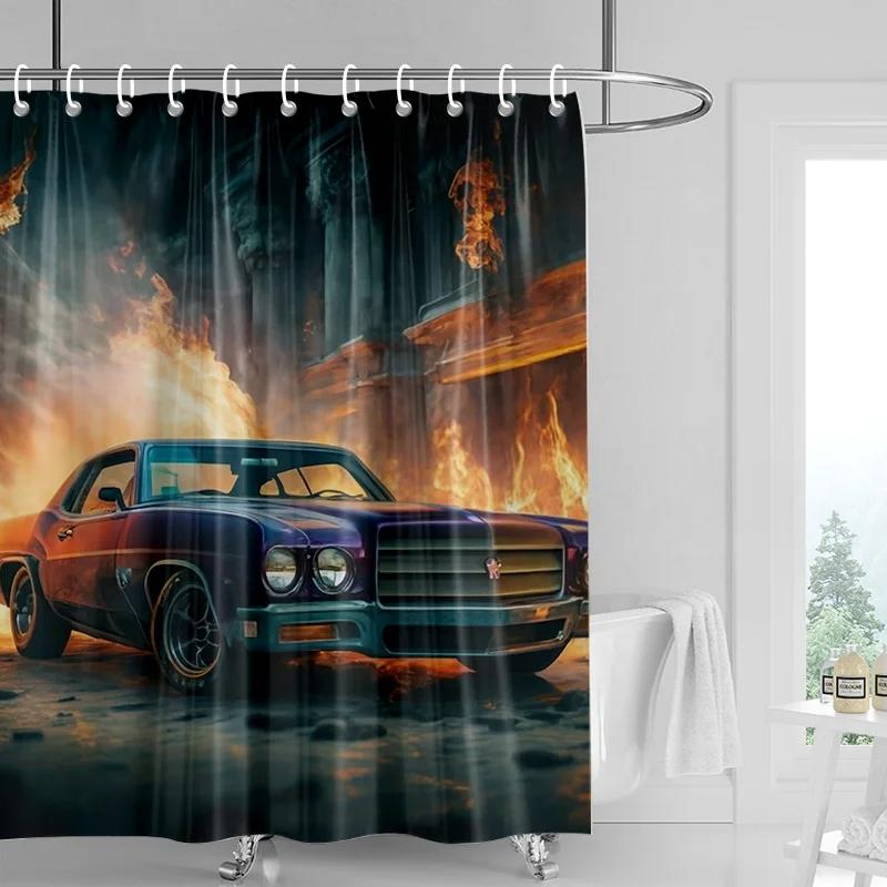 Car Pattern Shower Curtain Waterproof Bathroom Partition Curtain Bathroom shower curtain hooks 90x180cm 180x200cm