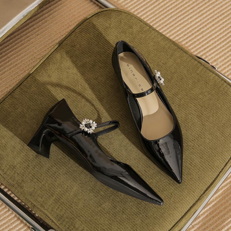 57007 [sheepskin] Silver High Heels Women's 2025 New Pointed One-word with Thick Heel Mary Jane Single Shoes