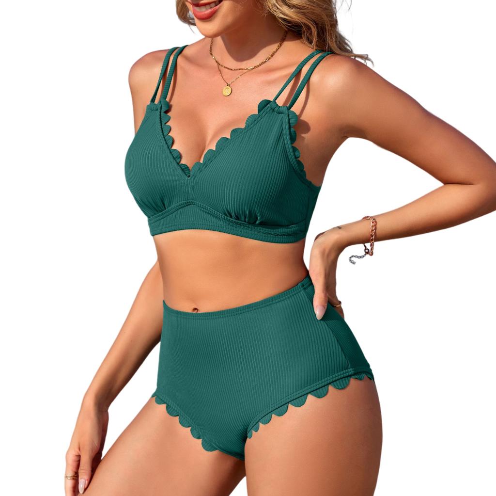 CHARMLEAKS Damskie bikini z falbanką, żebrowane, dwuczęściowe, kostiumy kąpielowe z dekoltem w serek i wysokim stanem