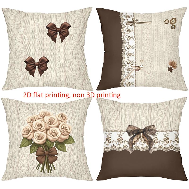 Beige Pillows With Bow And Rose 2D Printed Decor Polyester Pillowcase, Sofa Decorative Cushion Cov Headboard Pillow