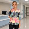 Women's Floral Print V Neck Medical Scrub Top with Pockets Side Slits and Three Quarter Sleeves Lightweight Comfortable Fit