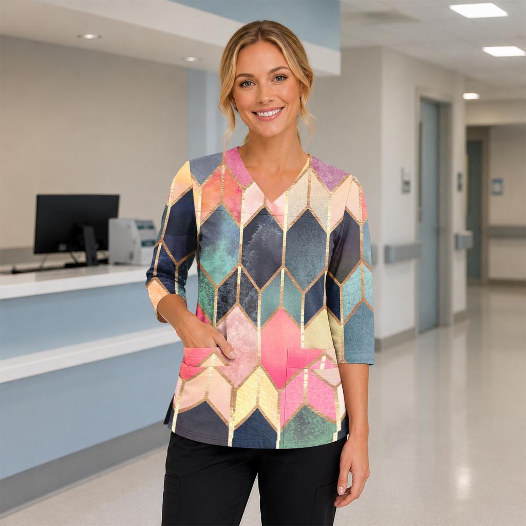 Women's Floral Print V Neck Medical Scrub Top with Pockets Side Slits and Three Quarter Sleeves Lightweight Comfortable Fit