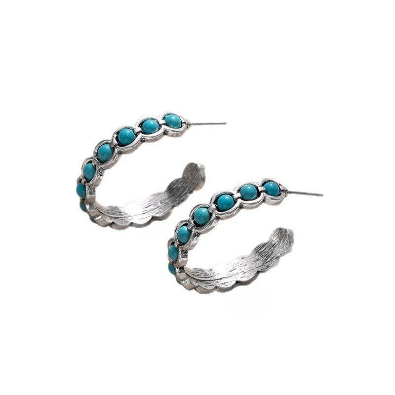 Literary Retro Turquoise Large Circle C-Shaped Earrings Women'S Bohemian Earrings High-End Niche Design Earrings
