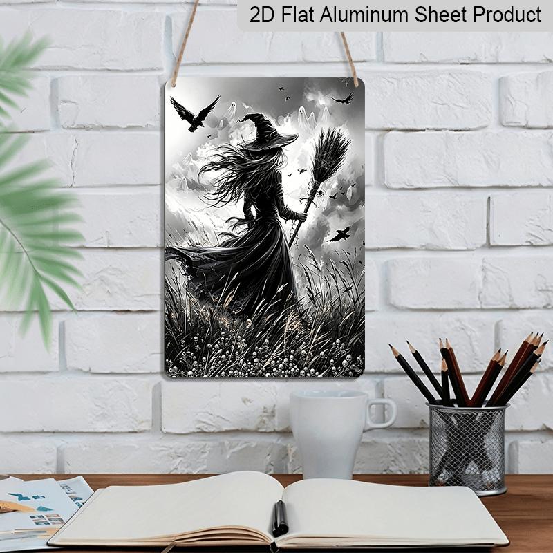 2D Flat, 1pc Gothic Witch Broomstick Black Crow Aluminum Halloween Sign, Halloween Wall Decor for Haunted House, Party, Home, Bathroom - Spooky