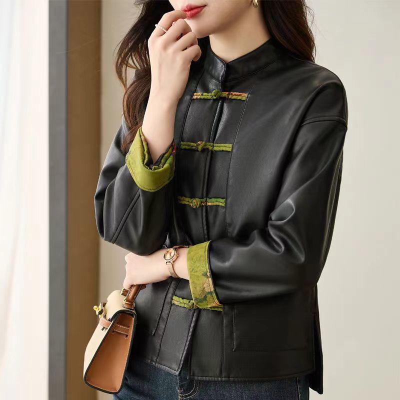 

Женская кожаная куртка, флисовая утолщенная, китайская черная пряжка, ретро, новая осенне-зимняя кожаная куртка, короткое зимнее пальто 2XL 135-75kg