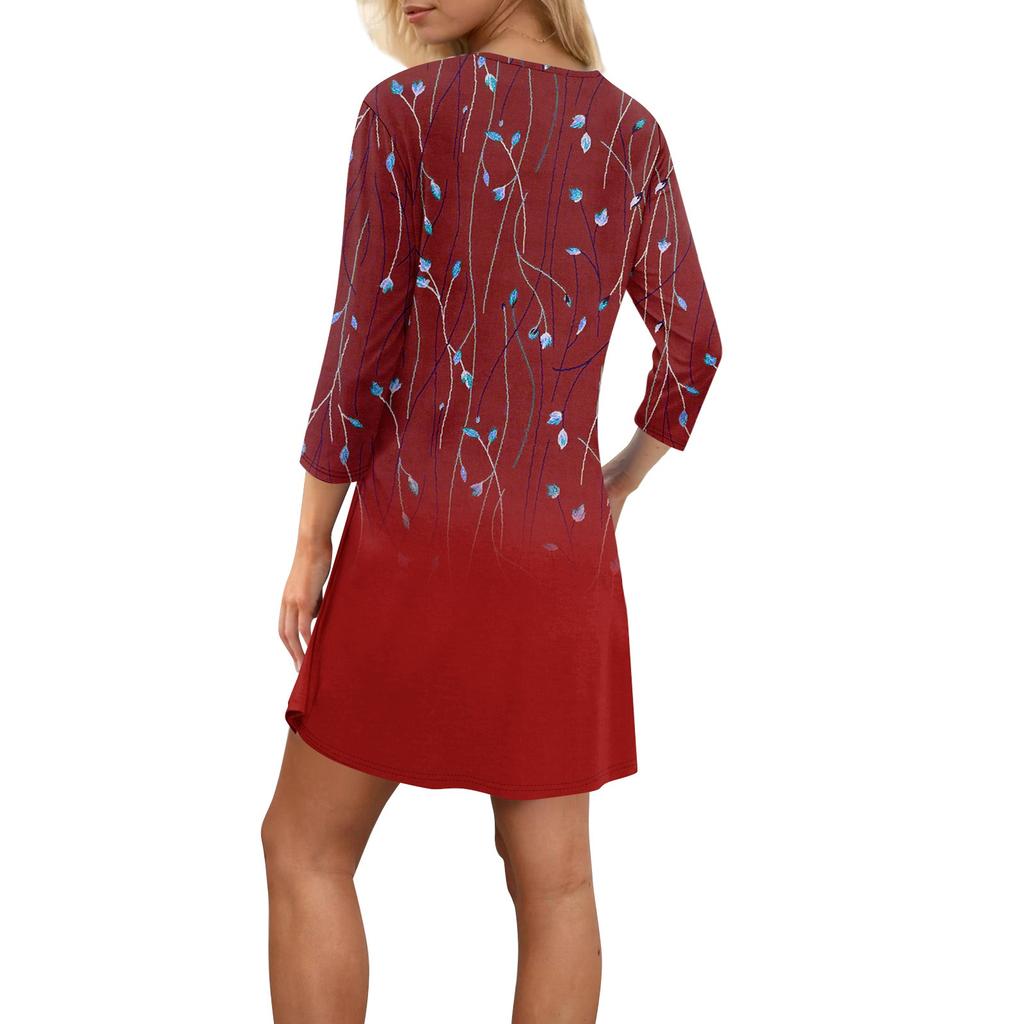 Women's Summer Dress Loose V Neck Three-quarter Sleeve Sundress With Pockets Dress