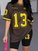 1116 new casual sports style digital printing shoulder sleeve T-shirt high waist tight shorts fashion suit women
