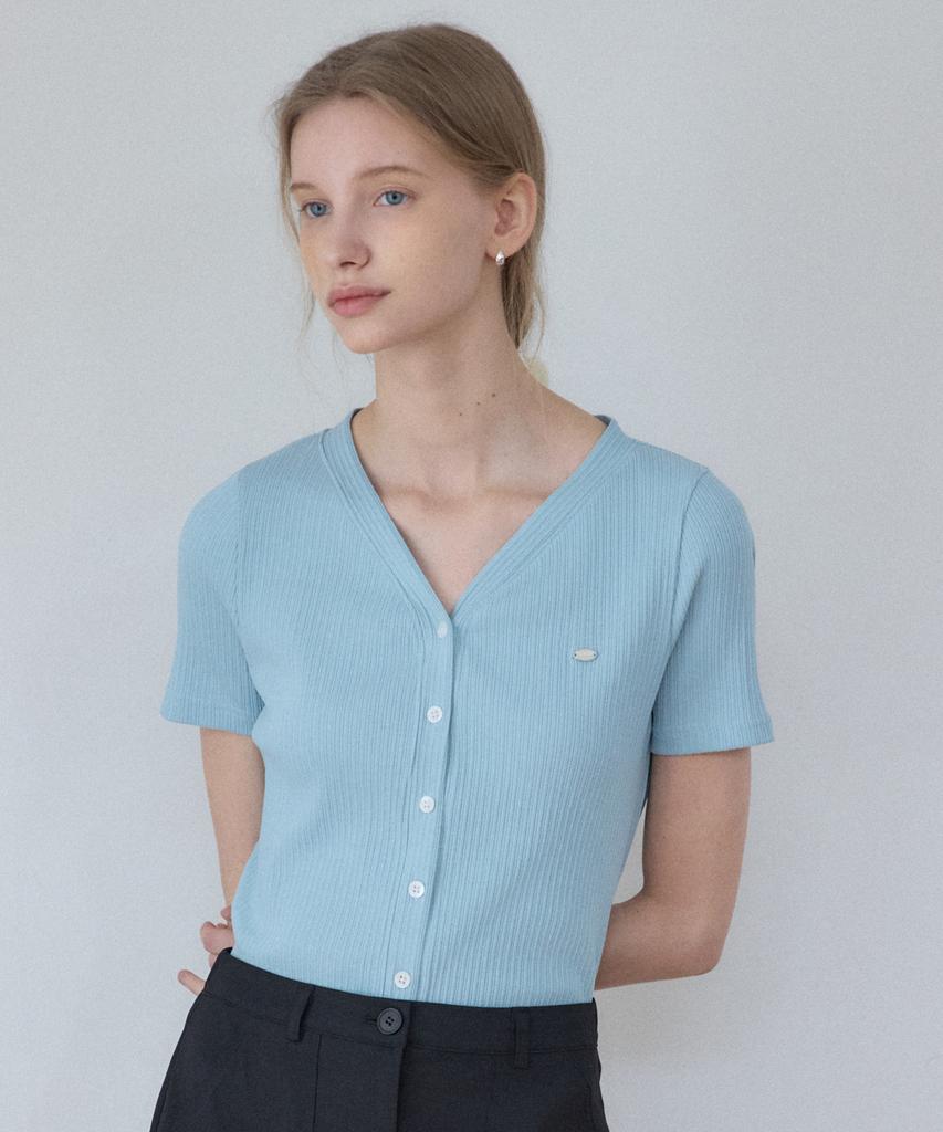 OURHOPE V-Neck Ribbed Button-Up T-Shirt - Sky Blue
