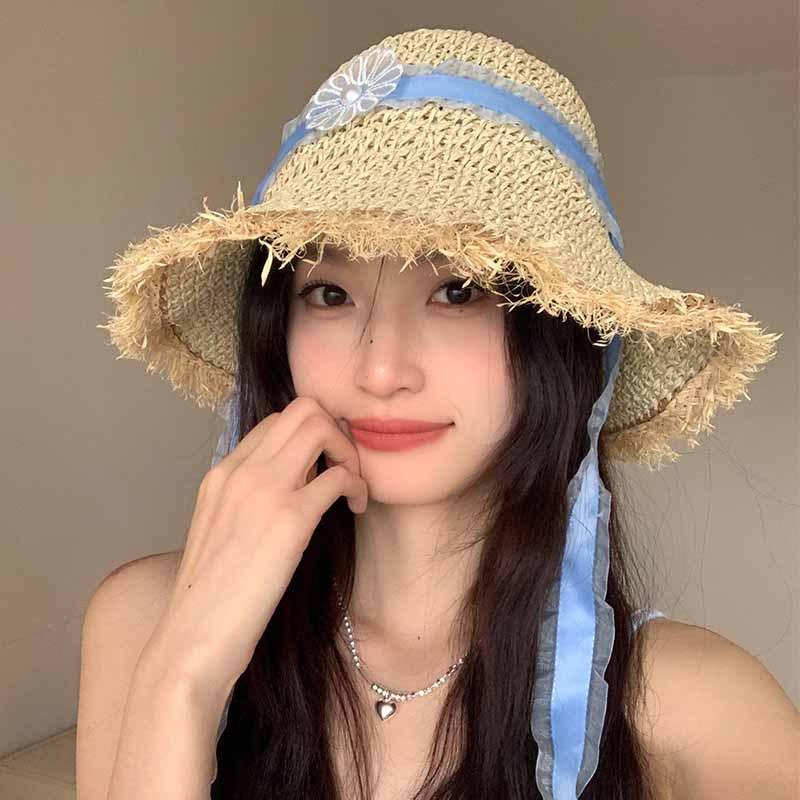 Women's Sun Hats Korean Straw Woven Lace Sweet Gentle Rustic Style Versatile Sunshade Hats Wide Brim Beach Bucket Caps For Girl