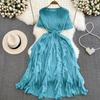 Gentle wind fairy long dress celebrity temperament Miyake pleated round neck waist thin a word ruffle edge dress summer
