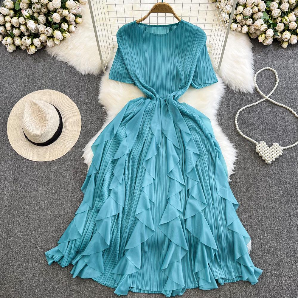 Gentle wind fairy long dress celebrity temperament Miyake pleated round neck waist thin a word ruffle edge dress summer