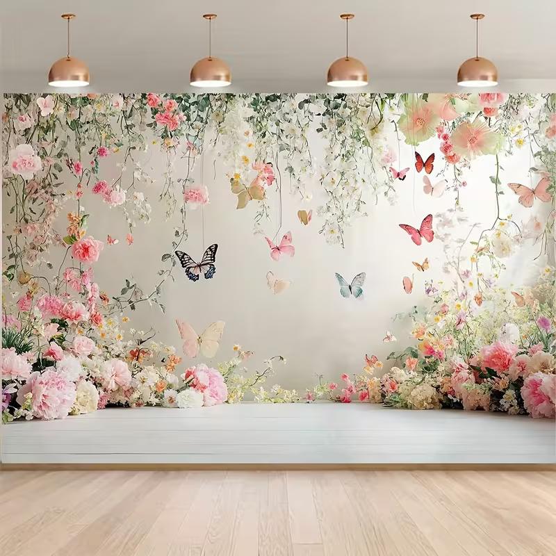 

2D Pastel Floral Backdrop, Delicate Hanging Flowers and Colorful Butterflies 47.2x31.5inch/120*80cm