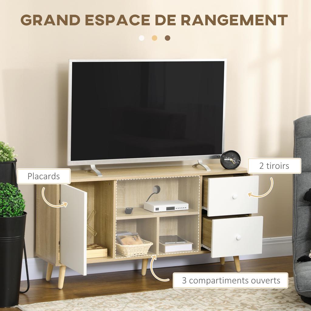 TV Cabinet for TVs Up To 45 Inches Solid Wood Legs Scandinavian Style 3 Open Compartments 1 Cupboard 120 X 30 X 60 Cm