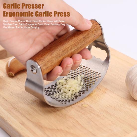 Garlic Presser Manual Garlic Press Rocker Mincer with Peeler Stainless Steel Garlic Chopper for Quick Clean Crushing Easy to Use Kitchen Tool for